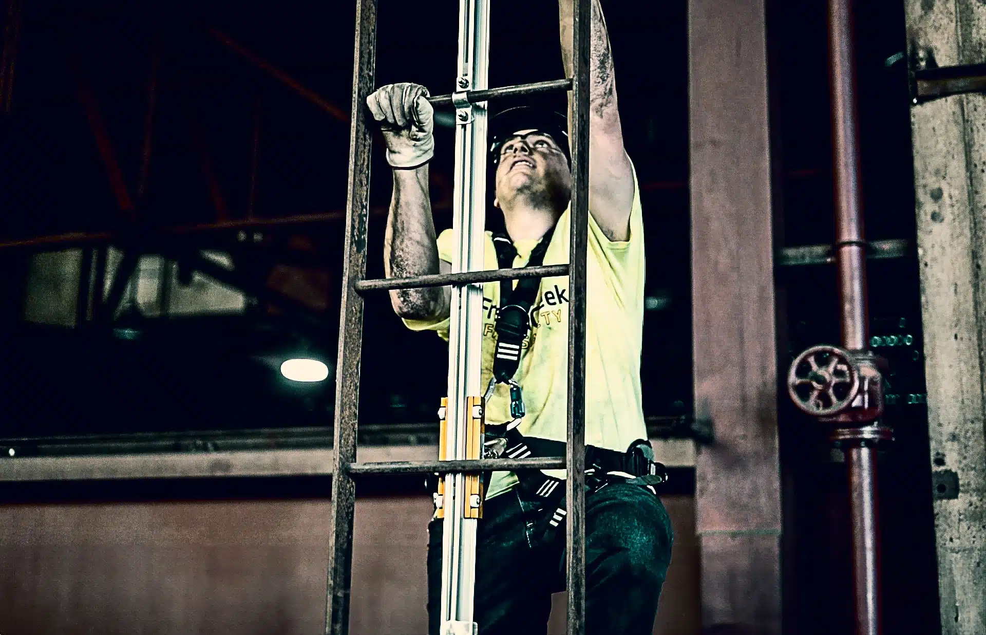 Worker Climbing Fixed Ladder With Fall Protection System