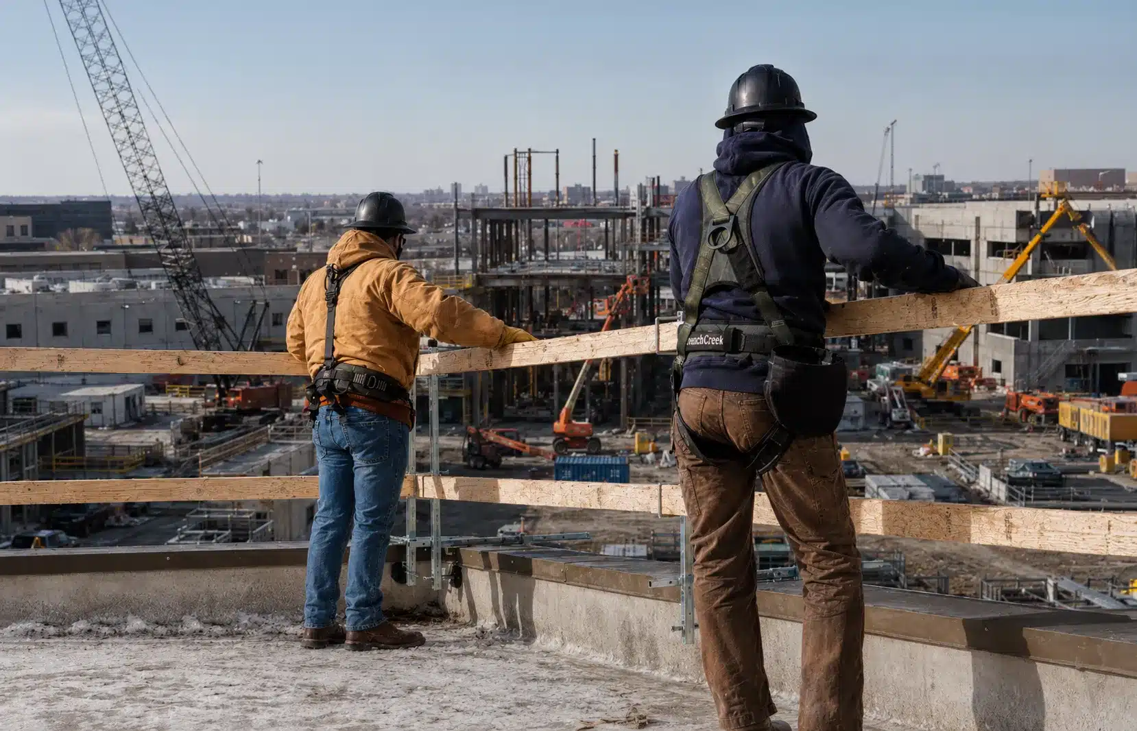 Workers using a portable guardrail system on a construction site