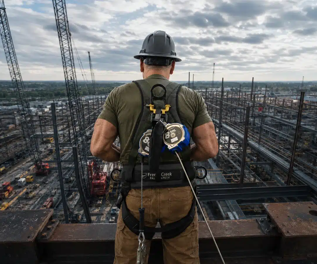 FrenchCreek 8 foot Class 2 SRL on an ironworker overlooking a construction site