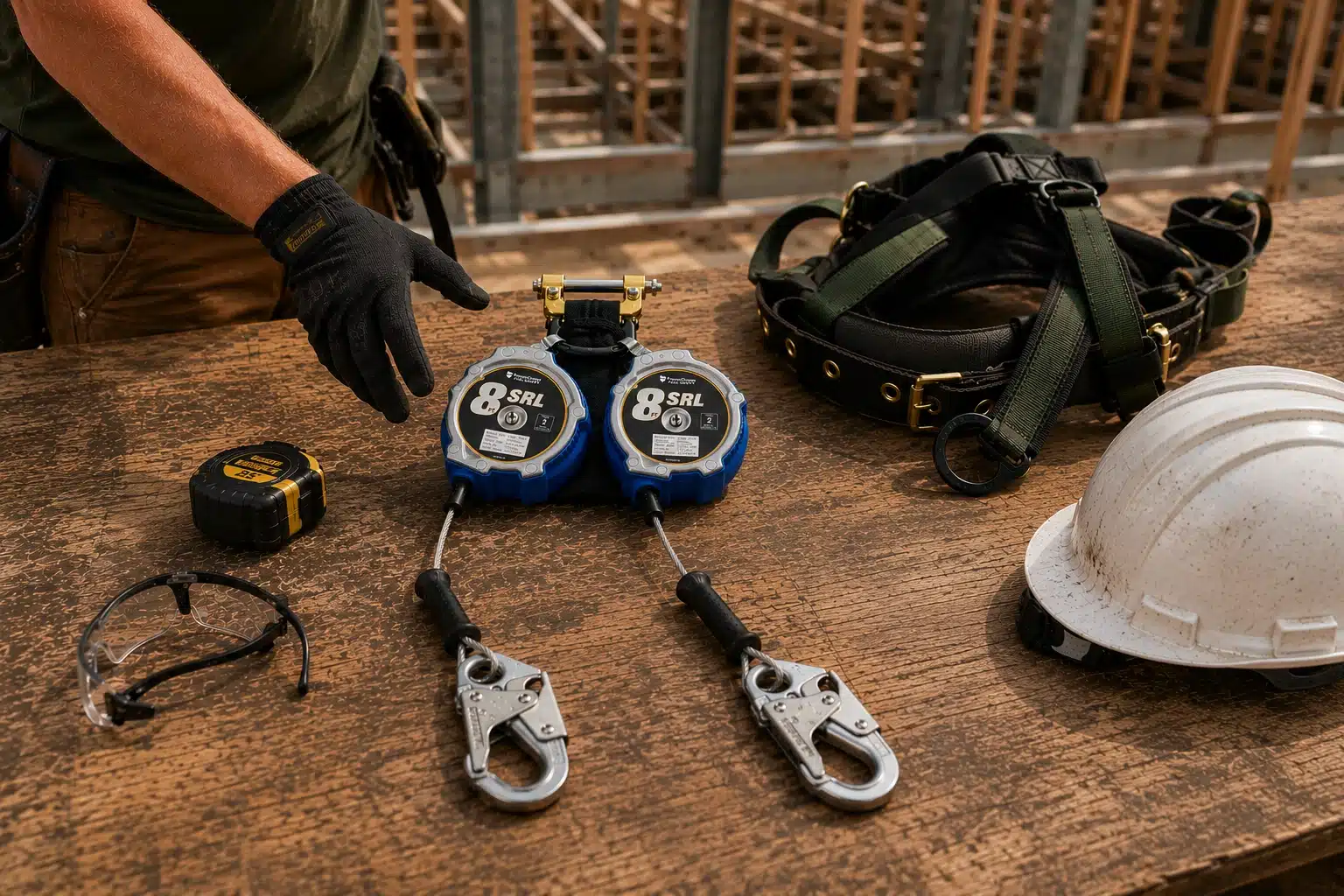 FrenchCreek 8 foot Class 2 personal SRL laying on a construction workbench with fall protection gear