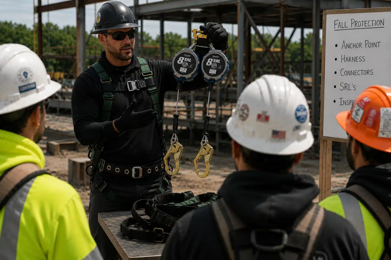 Fall protection trainer holding a FrenchCreek Class 2 personal SRL while teaching workers on a construction site