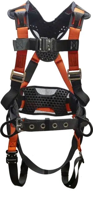 FC Safety 770B full body harness front view with padded shoulders, tool belt, and adjustable chest and leg straps.