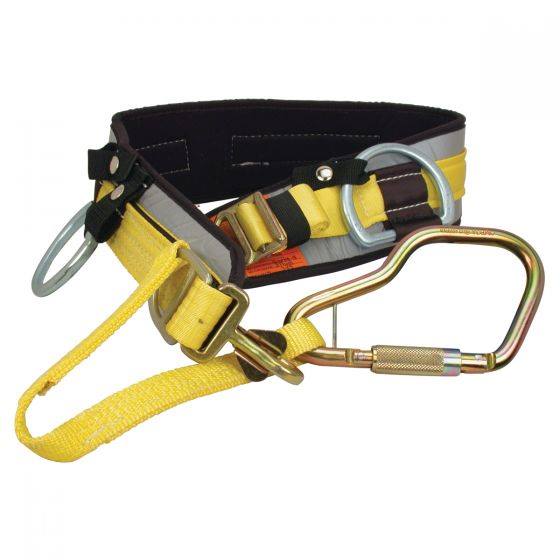PacMule QL4107FB-18 firefighter escape belt with quick-clip closure, two drop-down tool D-rings, and tie-off lanyard
