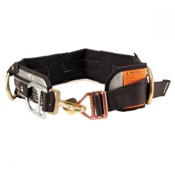 PacMule QL4109FB-18 firefighter belt with quick-clip closure, 3-inch and 2-inch drop-down tool D-rings, and tie-off lanyard