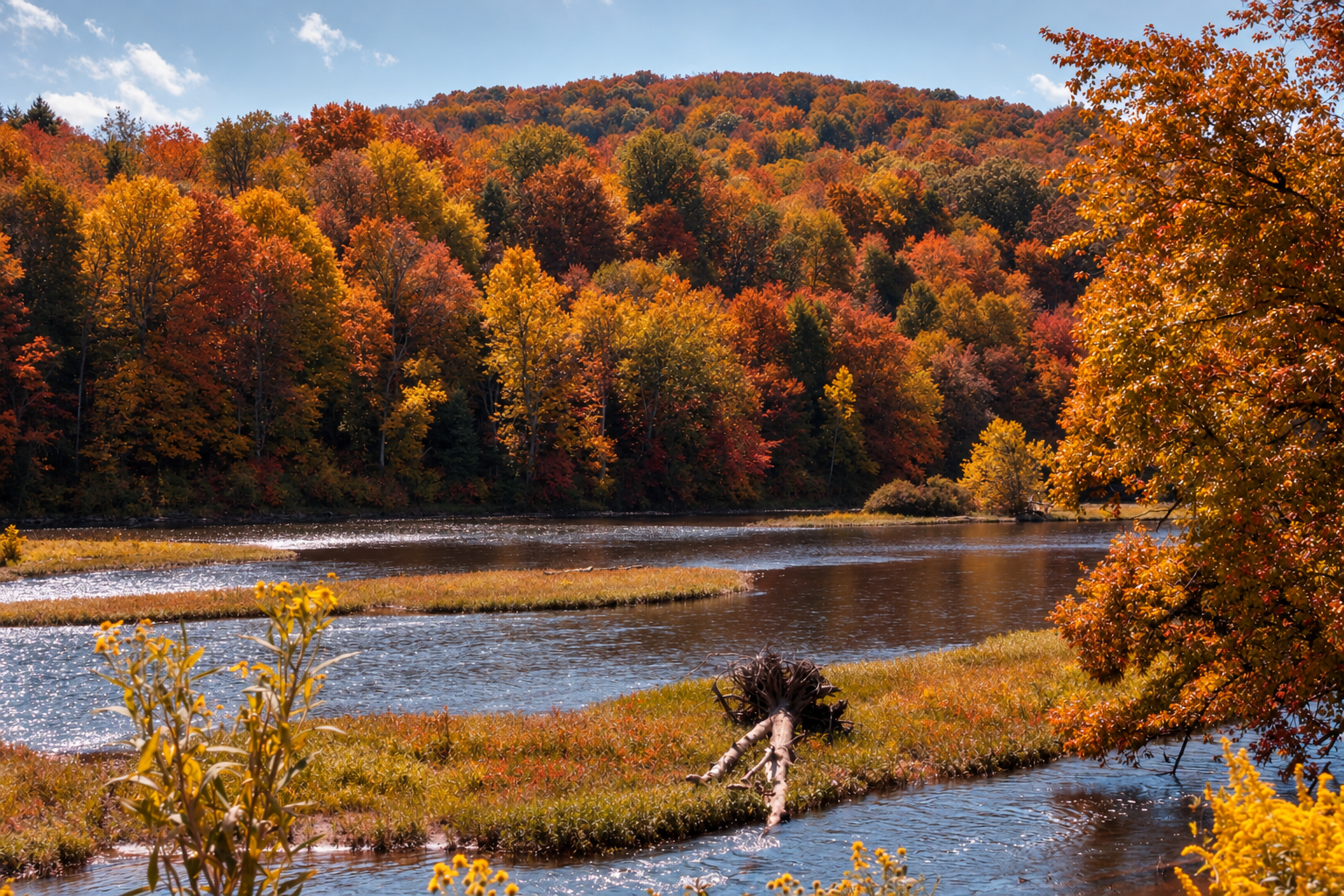 French Creek in Franklin, PA surrounded by fall foliage
