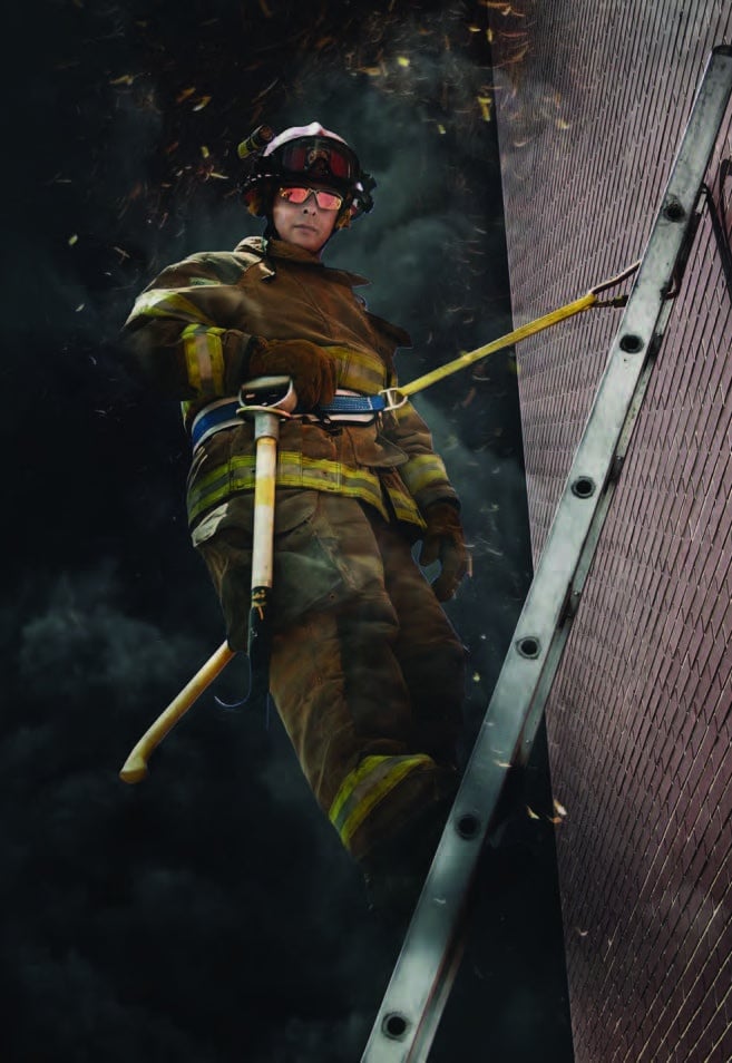 Firefighter Wearing Pacmule Belt Escape and Ladder Belt